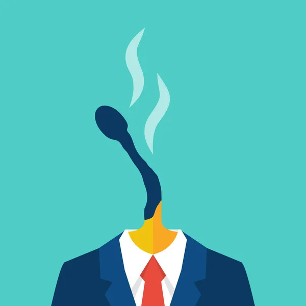 Stock vector Burnout concept. A burnt match instead of the head of a young businessman. Creative crisis. Vector illustration flat design. Isolated on white background.