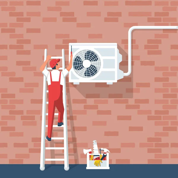 Installation Einer Klimaanlage Reparaturhelfer Installieren Eine Kalte Belüftung Hause Reparatur — Stockvektor