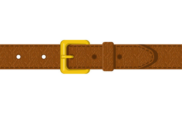 Brown leather belt. Clothing element stylish accessorie. Leather belts with texture, brown color. Vector illustration flat design. Isolated on white background.