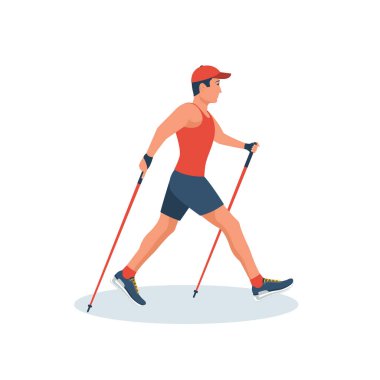 Nordic Walking data. Sports activities for a healthy lifestyle. Young man, athlete outdoors. Tourism and hiking. Vector illustration flat design. Isolated on white background. clipart