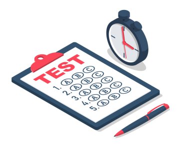 Test zamanı konsepti. İçinde hamur formu, kalem ve kronometre olan bir pano. Doldurma, yazma testleri. Sınava zamanında gir. Kontrol listesi, araştırma. Form dolduruyorum. Vektör illüstrasyonu izometrik 3d tasarımı. 