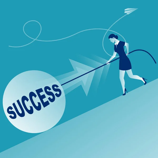 Achieve Success Difficult Way Path Success Businesswoman Goes Goal Pulls — Stock Vector