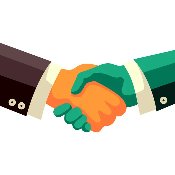 握手ビジネスアイコン 取引の成功の象徴 パートナーシップビジネスマンに会う ベクトルイラストフラットデザイン 白い背景に隔離されている 漫画風 — ストックベクタ