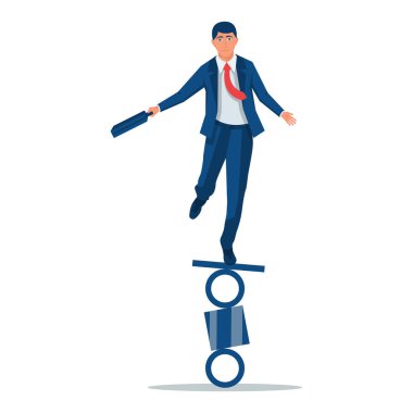 İş adamı dengesini korur. İş riski metaforu. Eşitlik, zihinsel istikrar. Vektör düz tasarım. Beyaz arkaplanda izole.