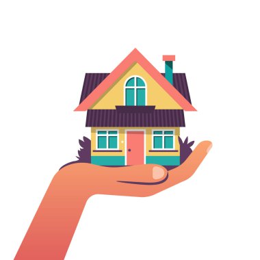 Evim elimde. El ele tutuşmalar. Emlakçı evi devrediyor. Satılık şablon ya da hediye. Vektör çizimi düz tasarım. Beyaz arkaplanda izole.