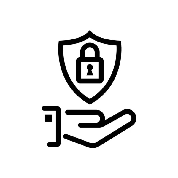 保護アイコン ブラックラインアイコン ハンドは セキュリティのシンボルとして閉じたパドロックを備えた盾を保持します ベクトルイラストフラットデザイン 白い背景に隔離される — ストックベクタ