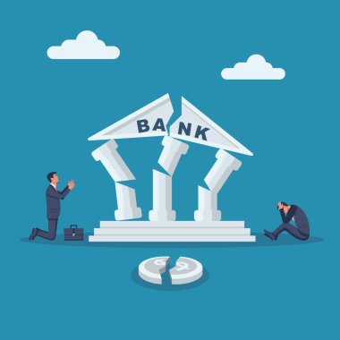 Bankacılık iflas kavramı. Harap banka. Finansal kriz. Harap bankanın yanında dizlerinin üzerinde iş adamı. İflas ikonu. Çatlaklarla dolu bir bina. Vektör illüstrasyon düz tasarım. 