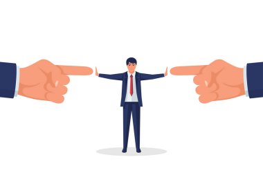 Çatışmayı durdurun. İşadamı hakem uzlaşmayı buldu. Arabuluculuk yarışması. Çatışma ve çözüm. Adamın iki parmağı var. Vektör çizimi düz tasarım. Beyaz arkaplanda izole.