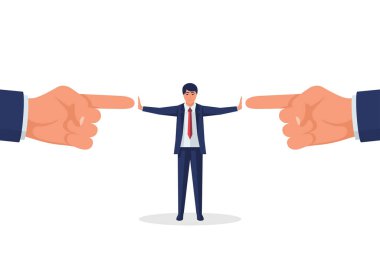 Stop conflict. Businessman referee finds compromise. Mediator solving competition. Conflict and solution. The man throws two finger. Vector illustration flat design. Isolated on white background. clipart