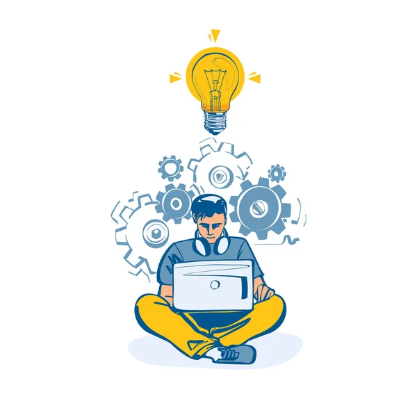 Businessman Working Laptop Comes Good Idea New Creative Idea Problem — Stock Vector