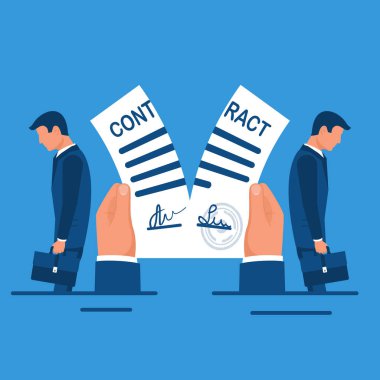 Break of a contract. Two businessmen tearing contract. Vector illustration flat design. Isolated on background. Concept of disagreement. Business documents. End deal.