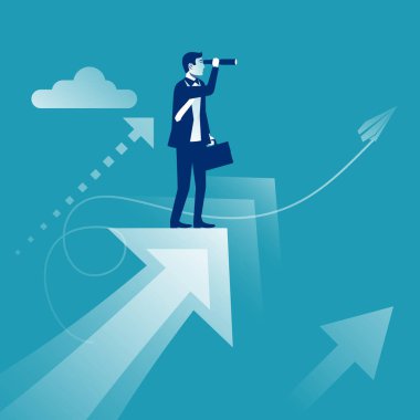 Dört gözle bekliyorum. Vizyon iş kavramı. Başarılı bir iş adamı görünce teleskop, gelecekteki arıyorum. Vektör tasarımı. Arka plan üzerinde izole. Spyglass elinde. Arama çözümü. İleri görünümlü kişi. 