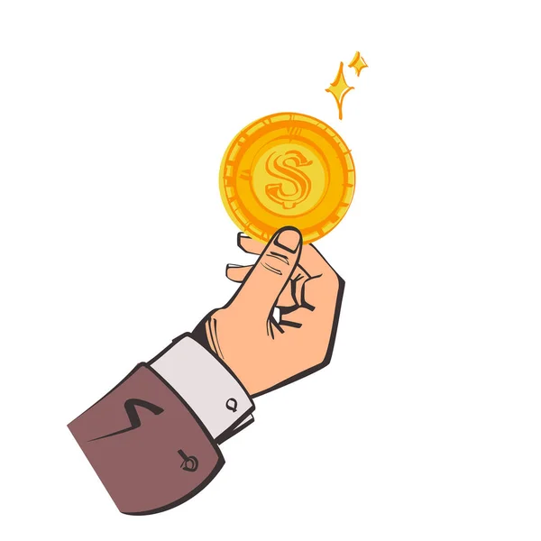 硬币在手 矢量示意图设计 把钱放在人的掌心付现金 黄金美元 被白色背景隔离 Donat图标 — 图库矢量图片