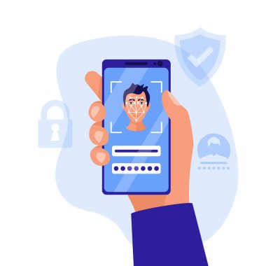 Yüz doğrulama. Yüz tanıma sistemi. Akıllı telefon tut, dostum. Biyometrik tanımlama yüzü. Tarama elemanı. Mobil uygulama. Vektör çizimi düz tasarım. Beyaz arkaplanda izole.