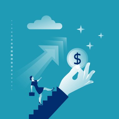 Gelir için koş. Gelir yolu, paranın peşinden koşmak. Bozuk para patronun elinde. İşçi kadın en tepeye çıkıyor. Vektör çizimi düz tasarım. İzole edilmiş arkaplan.