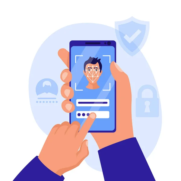 Gezichtsverificatie Gezichtsherkenning Smartphonehouder Hand Man Biometrische Identificatie Gezicht Scant Persoon — Stockvector