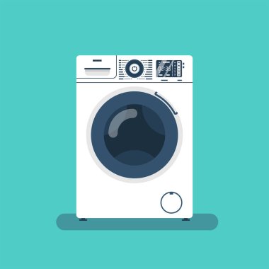Çamaşır makinesi. Elektronik çamaşır malzemeleri. Oda servisi konsepti. Ev işleri işte. Vektör çizimi düz tasarım. Beyaz arkaplanda izole.