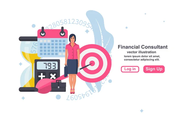 Concept Consultant Financier Consultante Femme Affaires Processus Organisation Comptable Page — Image vectorielle