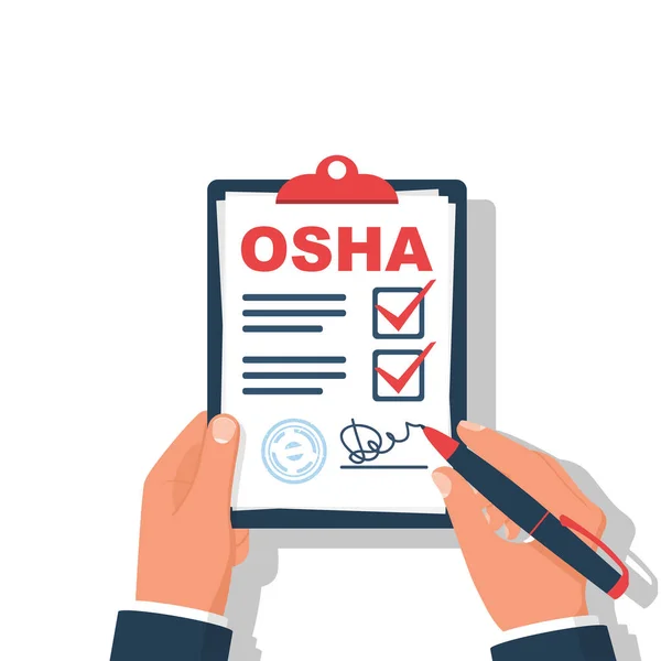 Osha 개념입니다 검사관은 수칙을 보드와 플레인 디자인 배경에 고립됨 — 스톡 벡터