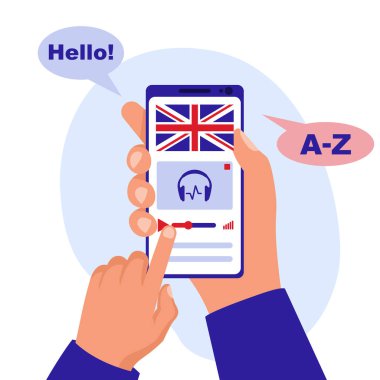 Öğrenci çevrimiçi olarak İngilizce öğreniyor. Dil öğrenme uygulaması şablonu. Akıllı bir telefonla çalışmak, dinlemek ve İngilizce konuşmak. Elimde telefon var. Vektör illüstrasyon düz tasarım.