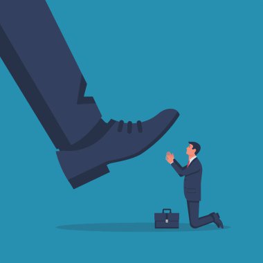 İşçi büyük patronun önünde diz çöküyor. İş lideri. Liderlik kavramı. Vektör çizimi düz tasarım. Beyaz arkaplanda izole.