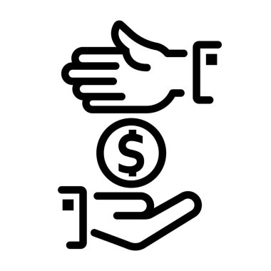 Bağış yap. Bir iş adamının eli, muhtaçlara bir dolar verir. Siyah çizgi simgesi. Vektör çizimi düz tasarım. Beyaz arkaplanda izole.
