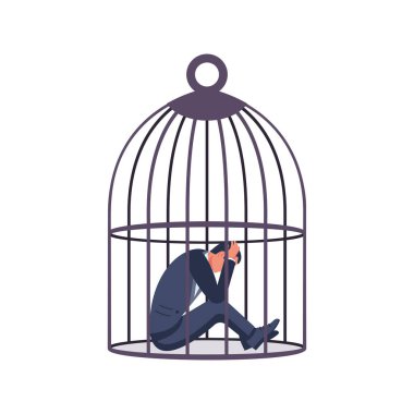 Kafesteki adam. Zihinsel bozukluk konsepti. Depresyon ve ilgisizlik. Duygusal çöküntü. Kız stresli. Erkek acısı. Vektör çizimi düz tasarım. Beyaz arkaplanda izole.