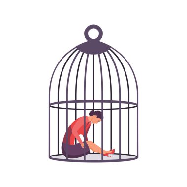 Kafesteki kadın. Zihinsel bozukluk konsepti. Depresyon ve ilgisizlik. Duygusal çöküntü. Kız stresli. Acı çeken bir kadın. Vektör çizimi düz tasarım. Beyaz arkaplanda izole.