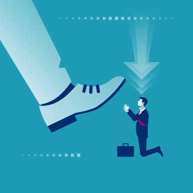 İşçi büyük patronun önünde diz çöküyor. İş lideri. Liderlik kavramı. Vektör çizimi düz tasarım. Beyaz arkaplanda izole.