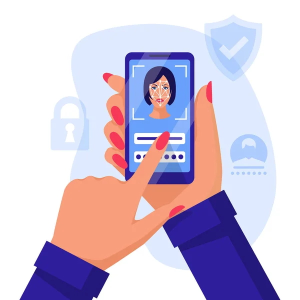 Gezichtsverificatie Gezichtsherkenning Smartphonehouder Hand Vrouw Biometrische Identificatie Gezicht Scant Persoon — Stockvector