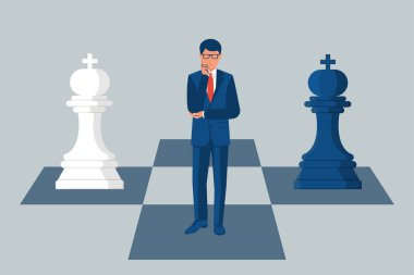 Bir sonraki adımı düşünen bir iş adamı. İş riski ya da meydan okuma. Karar verme. Vektör çizimi. Planlama taktiği. Yeni bir strateji geliştiriyorum. İş konsepti. Vektör illüstrasyon düz tasarım.