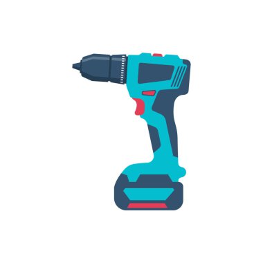 Elektrikli tornavida. Batarya tornavida ya da matkap. Ev yenileme ekipmanları. Ustabaşının aletleri. Vektör çizimi düz tasarım. Beyaz arkaplanda izole.