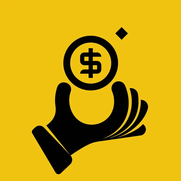 硬币手握黑色的轮廓 矢量图形平面样式设计 象形文字把钱放在人的掌心 付现金 黄金美元 被黄色背景隔离 Donat图标 — 图库矢量图片