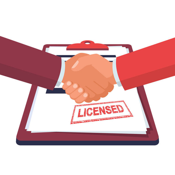 Stamping licensed. Handshake of two businessmen. Print isolated on white background. Licensed red square grungy vintage ink stamp. Vector illustration flat design.