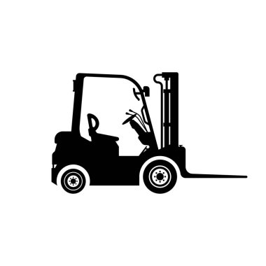 Forklift siyah ikonu. Teslimat, lojistik ve kargo için şablon. Vektör çizimi düz tasarım. Beyaz arkaplanda izole.