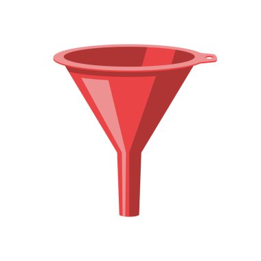 Plastik huni vektör düz simgesi. Kırmızı ev plastik hunisi yağ ya da su için. Vektör çizimi düz tasarım. Beyaz arkaplanda izole.