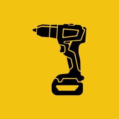 Elektrikli tornavida siyah simgesi. Batarya tornavida ya da matkap. Ev yenileme ekipmanları. Ustabaşının aletleri. Vektör çizimi düz tasarım. Beyaz arkaplanda izole.