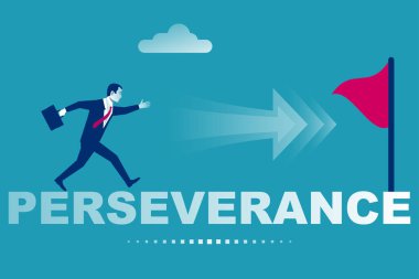 Perseverance concept. Landing page motivation. The businessman runs up. Development and growth. A successful leader seeks to achieve the goal. Vector illustration flat design.