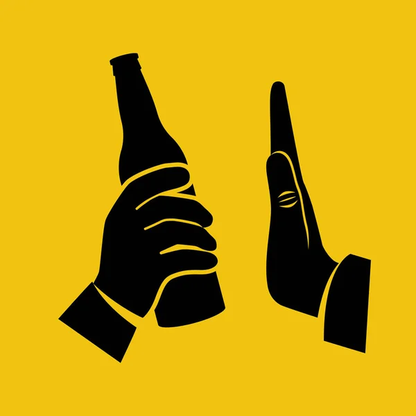 アルコールなし 男はビールを手に持って飲むことを申し出る ブラックアイコンはアルコールを止める 手のジェスチャー拒否 ベクトルイラストフラットデザイン バックグラウンドで孤立 — ストックベクタ