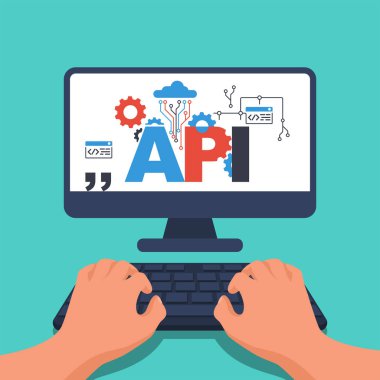 API konsepti. Tamamlanmış kodun sembolü olarak API. Dizüstü bilgisayarı olan profesyonel bir programcı bir program üzerinde çalışıyor. Vektör çizimi düz tasarım. Beyaz arkaplanda izole.