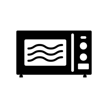 Mikrodalga ikonu siyah işareti. Yemek ekipmanları. Yemek pişirmek için elektrikli mutfak aleti. Ekran, düğmeler ve cam kapı. Vektör illüstrasyon düz çizgi film tarzı. Beyaz arkaplanda izole.