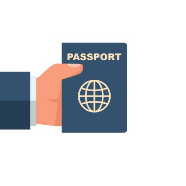 Pasaport elinde. Adam belge elinde tutuyor. Pasaport için seyahat ve Turizm. Kişisel kimlik. Vektör çizim, düz tasarım stili.