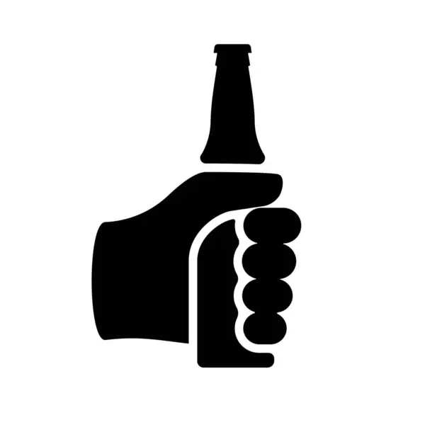 啤酒在手状图标 孤立的黑色剪影背景上 男子手持象形图瓶没有标签 矢量图平面设计 — 图库矢量图片