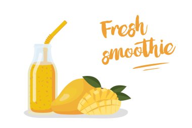 Kamışlarla dolu cam bir şişede mango suyu. Taze mango. Kokteyl kokteyli. Menü için şablon ya da sağlıklı yemek için pankart. Sağlıklı bir hayat için taze ve enerjik bir içecek. Vektör düz tasarımı.