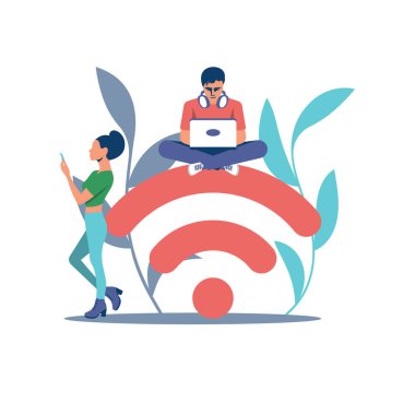 Kablosuz Wi-Fi ücretsiz halka açık alan. Genç adam ve kadın internet ikonuna oturup haber ve mesajları okumak için akıllı telefon ve dizüstü bilgisayar kullanıyorlar. Vektör çizimi düz tasarım. Beyaz arkaplanda izole.