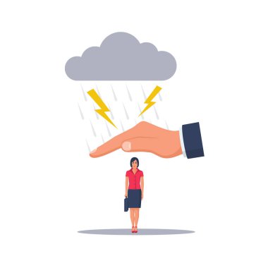 Personel koruması. Müdür çalışanı kötü etkilerden korur. Çalışanlara yardım parası. İşçi sigortası ya da koruma. Vektör çizimi düz tasarım. Beyaz arkaplanda izole. 