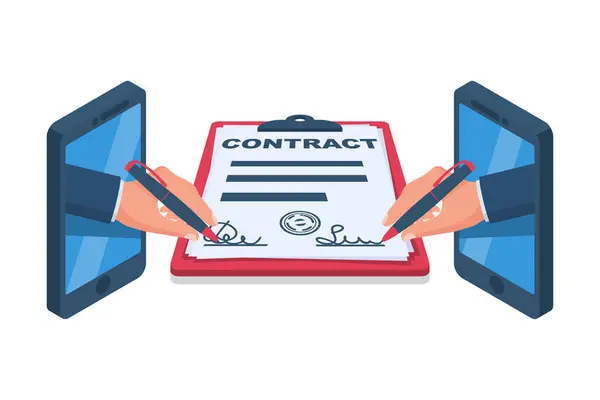 オンライン契約サイン 2人のビジネスマンが契約を結ぶ ディール契約 文書が付いているクリップボード 法的な論文 ベクトルイラストフラットデザイン バックグラウンドで孤立 — ストックベクタ