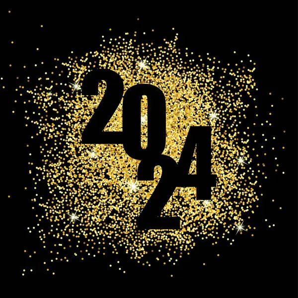 新年快乐2024 黄金灰尘成堆 闪亮的火花 简单的问候模板 2024文字设计 草纸卡片 横幅与愿望 矢量图解 被隔离在黑色背景下 — 图库矢量图片