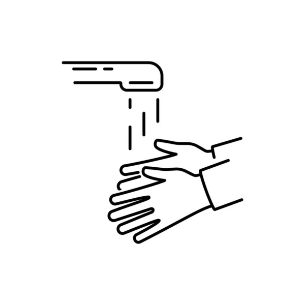 在自来水下洗手 黑线图标 手上的水滴或消毒 矢量插画平面设计 个人卫生 皮肤护理 抗菌洗涤 — 图库矢量图片