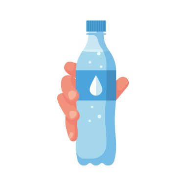 Bir adamın elinde duran bir şişe su. Vektör çizimi düz tasarım. Beyaz arka planda izole edilmiş. Temiz maden suyu şişesi. Konteyner aqua.